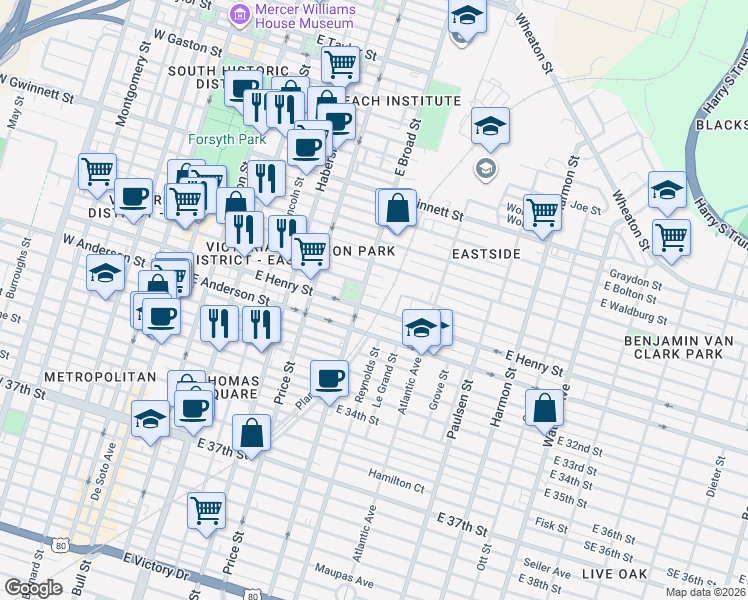 map of restaurants, bars, coffee shops, grocery stores, and more near 613 East Duffy Lane in Savannah