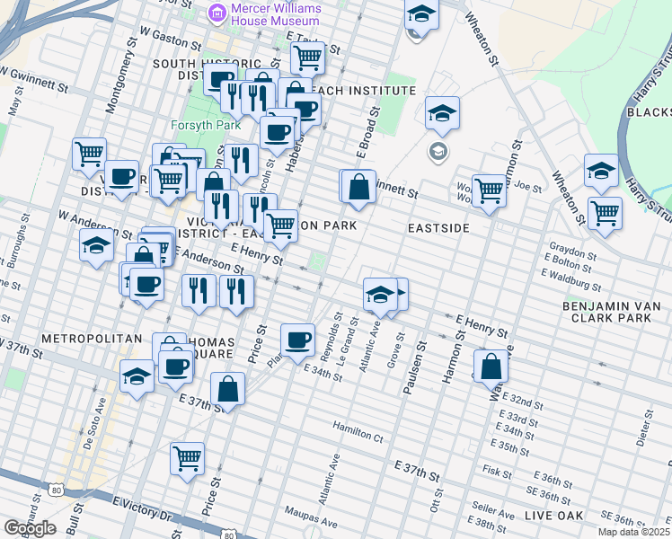 map of restaurants, bars, coffee shops, grocery stores, and more near 615 East Duffy Lane in Savannah