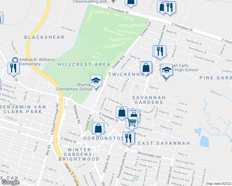map of restaurants, bars, coffee shops, grocery stores, and more near 412 Forrest Avenue in Savannah