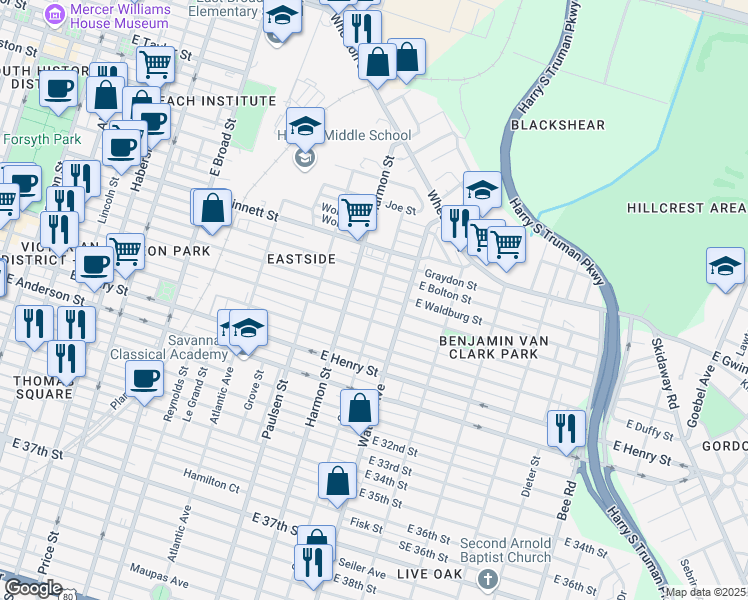 map of restaurants, bars, coffee shops, grocery stores, and more near 916 East Park Avenue in Savannah