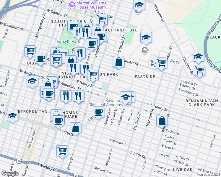 map of restaurants, bars, coffee shops, grocery stores, and more near 609 East Duffy Lane in Savannah