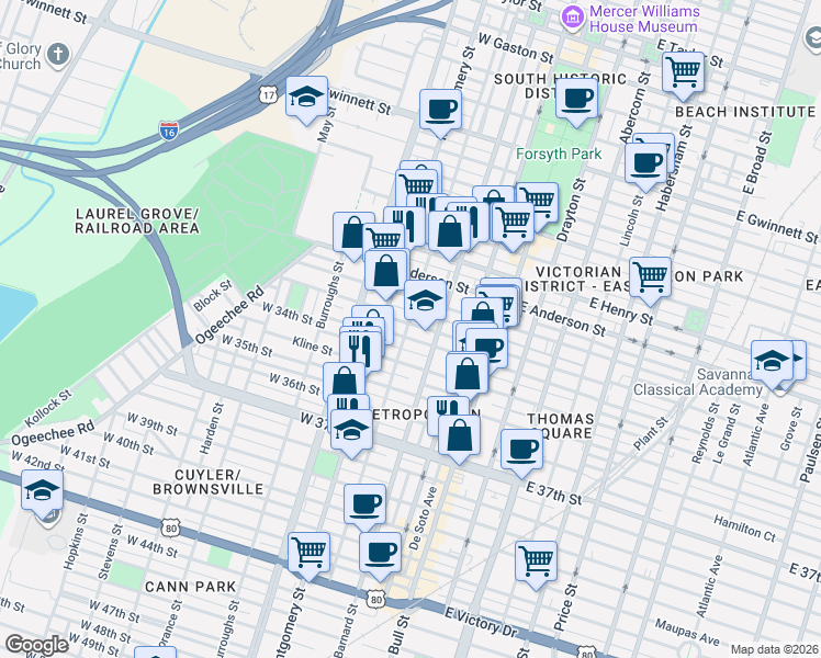 map of restaurants, bars, coffee shops, grocery stores, and more near 215 West 33rd Street in Savannah