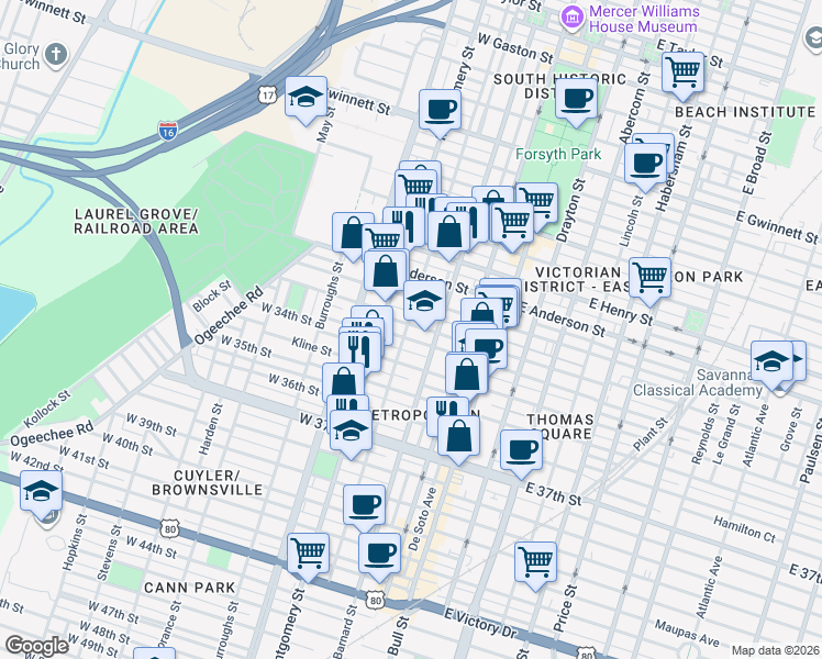 map of restaurants, bars, coffee shops, grocery stores, and more near 217 West 33rd Street in Savannah