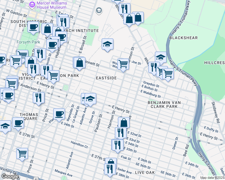 map of restaurants, bars, coffee shops, grocery stores, and more near 815 East Park Avenue in Savannah