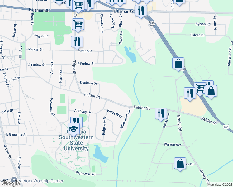 map of restaurants, bars, coffee shops, grocery stores, and more near 1130 Felder Street in Americus