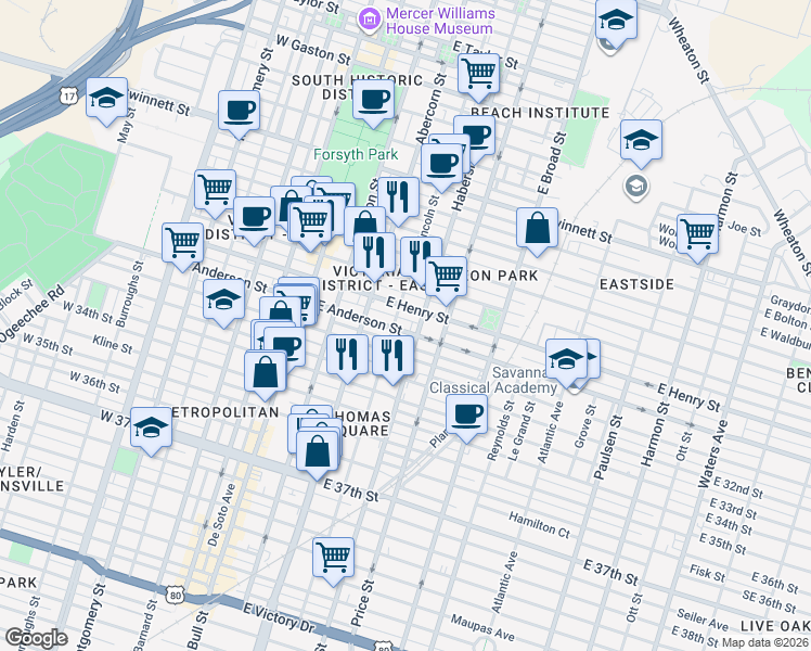 map of restaurants, bars, coffee shops, grocery stores, and more near 308 East 31st Street in Savannah