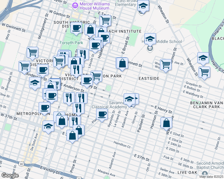 map of restaurants, bars, coffee shops, grocery stores, and more near 1212 East Broad Street in Savannah