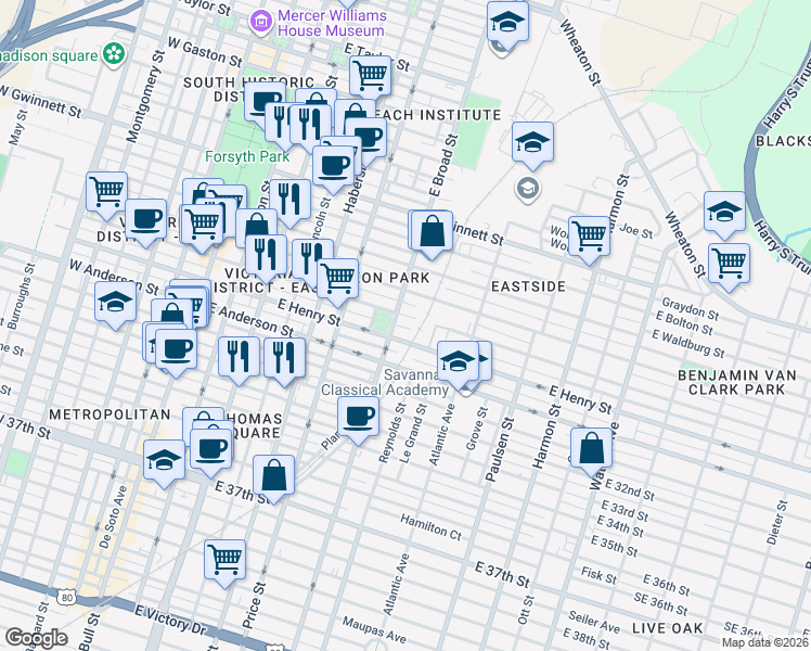map of restaurants, bars, coffee shops, grocery stores, and more near 613 East Henry Street in Savannah