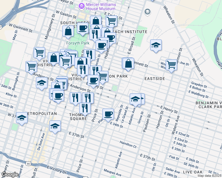 map of restaurants, bars, coffee shops, grocery stores, and more near 524 East Henry Street in Savannah