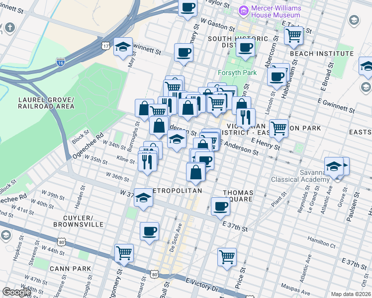 map of restaurants, bars, coffee shops, grocery stores, and more near 1414 Barnard Street in Savannah