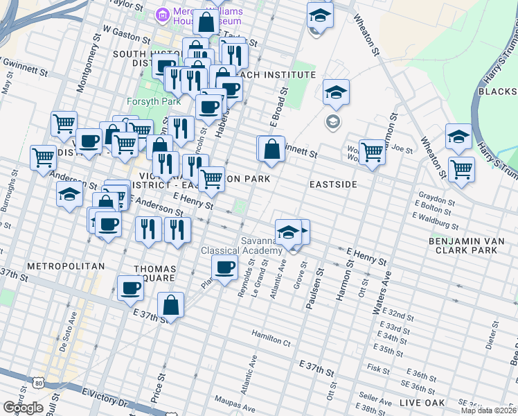 map of restaurants, bars, coffee shops, grocery stores, and more near 1114 East Broad Street in Savannah
