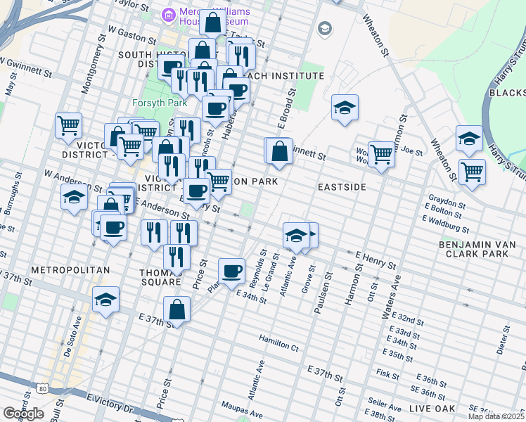 map of restaurants, bars, coffee shops, grocery stores, and more near 1114 East Broad Street in Savannah