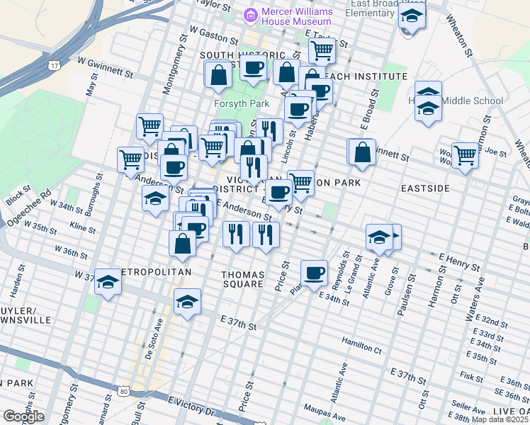 map of restaurants, bars, coffee shops, grocery stores, and more near 228 East Henry Street in Savannah