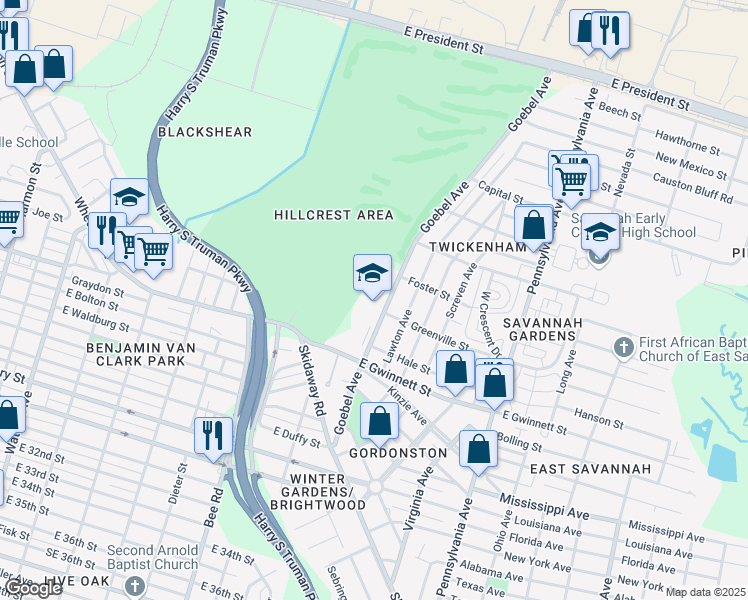 map of restaurants, bars, coffee shops, grocery stores, and more near 415 Goebel Avenue in Savannah