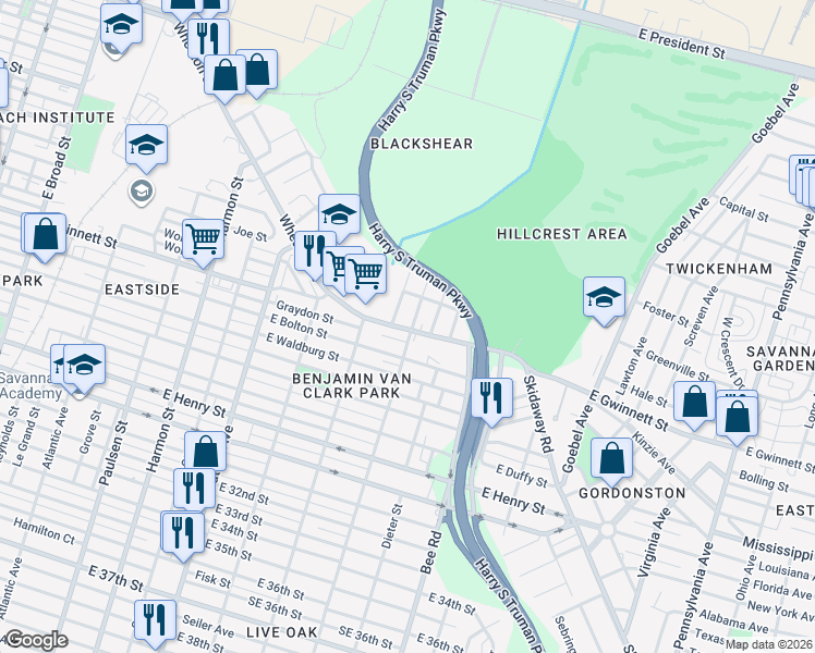 map of restaurants, bars, coffee shops, grocery stores, and more near 17 Adair Street in Savannah