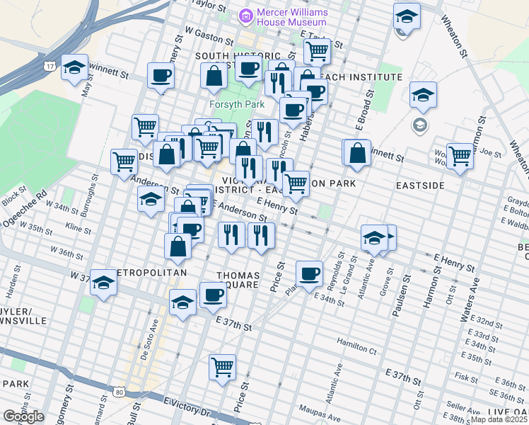 map of restaurants, bars, coffee shops, grocery stores, and more near 228 East Henry Street in Savannah
