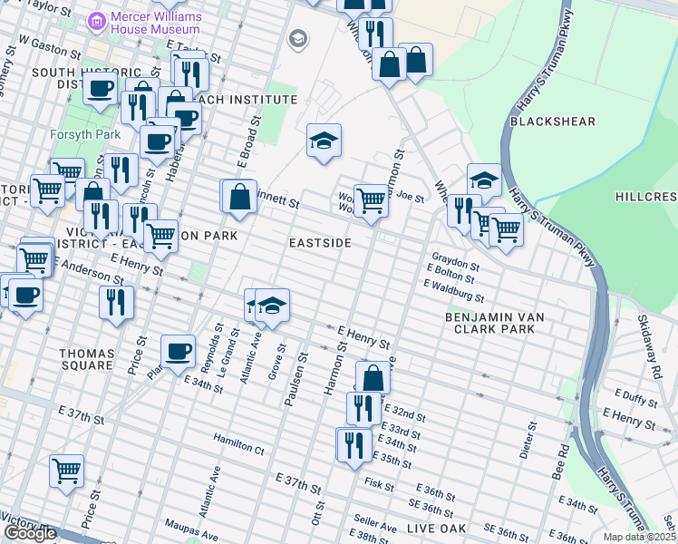 map of restaurants, bars, coffee shops, grocery stores, and more near 802 East Waldburg Street in Savannah