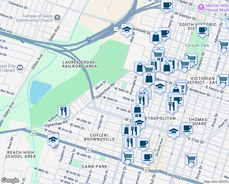 map of restaurants, bars, coffee shops, grocery stores, and more near 1638 Ogeechee Road in Savannah