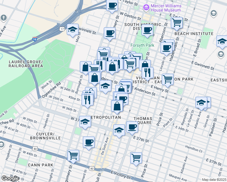 map of restaurants, bars, coffee shops, grocery stores, and more near 1414 Barnard Street in Savannah