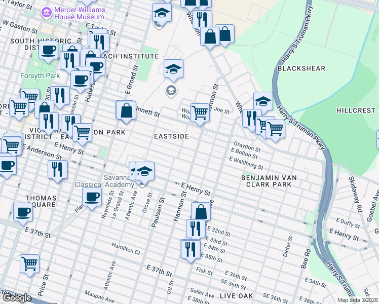map of restaurants, bars, coffee shops, grocery stores, and more near 802 East Waldburg Street in Savannah