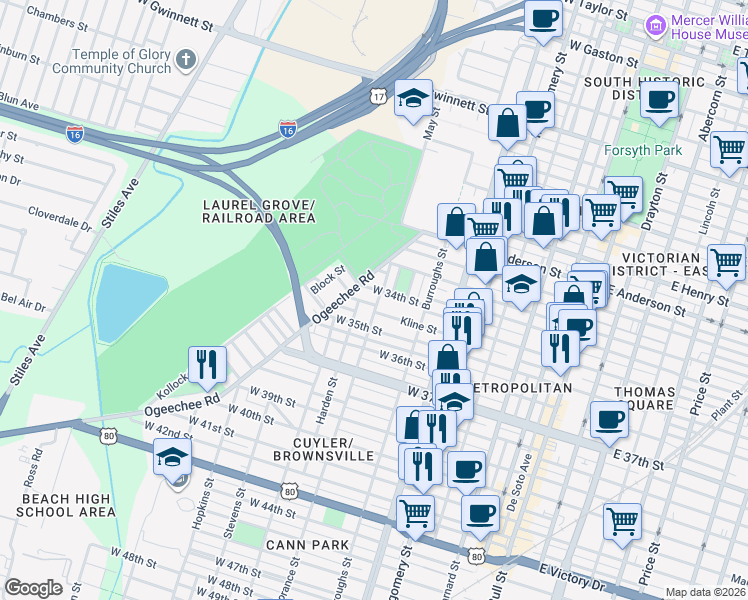 map of restaurants, bars, coffee shops, grocery stores, and more near 1638 Ogeechee Road in Savannah