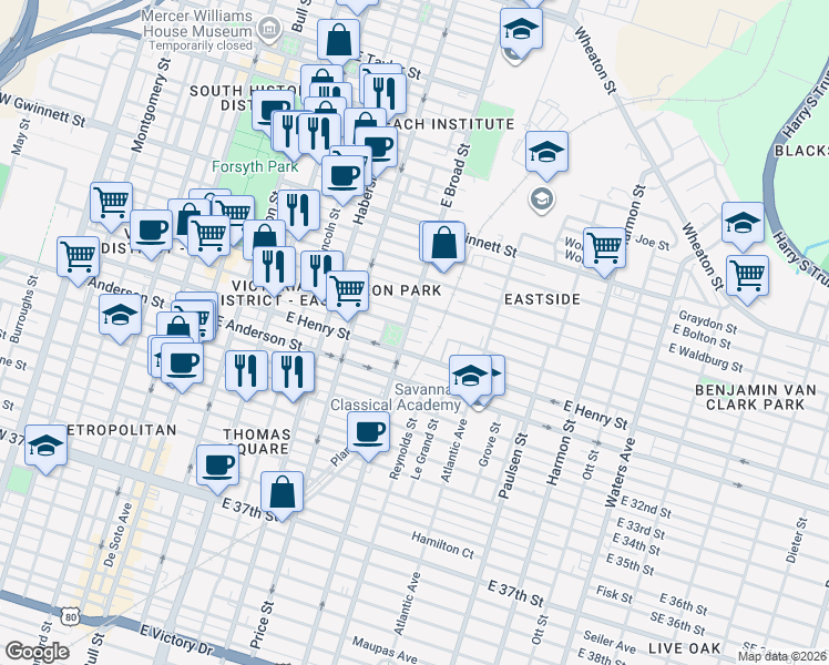 map of restaurants, bars, coffee shops, grocery stores, and more near 1114 East Broad Street in Savannah