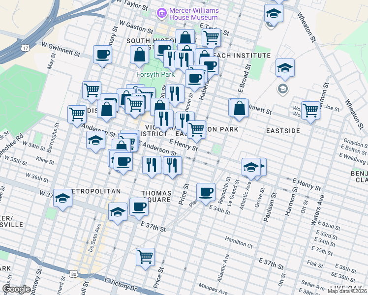 map of restaurants, bars, coffee shops, grocery stores, and more near 405 East Duffy Street in Savannah