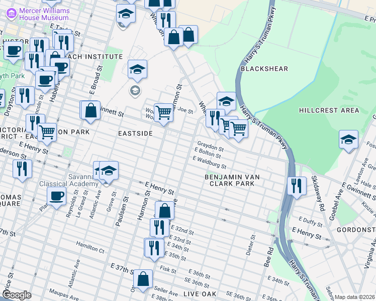 map of restaurants, bars, coffee shops, grocery stores, and more near 1010 East Bolton Street in Savannah