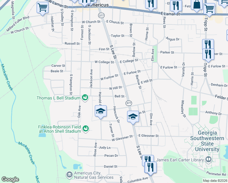 map of restaurants, bars, coffee shops, grocery stores, and more near 623 Hancock Drive in Americus