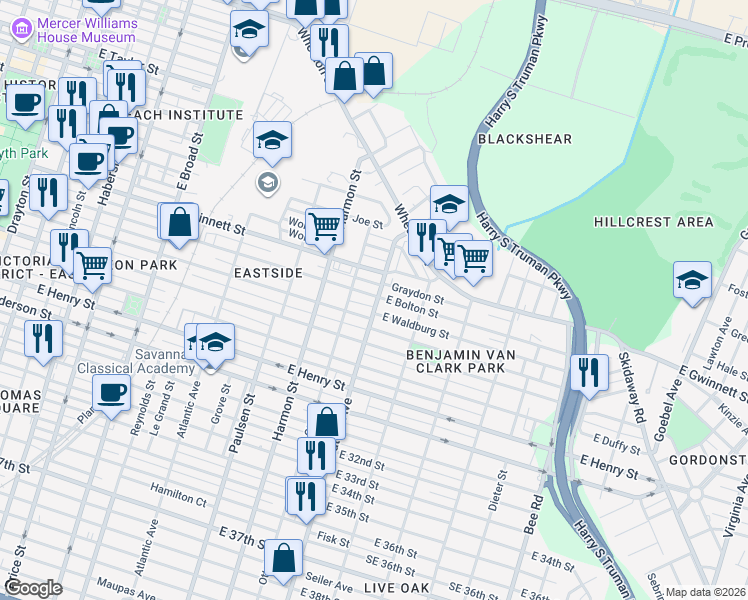 map of restaurants, bars, coffee shops, grocery stores, and more near 1021 East Bolton Street in Savannah