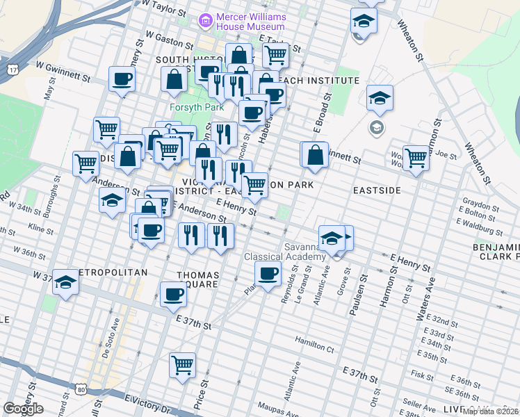 map of restaurants, bars, coffee shops, grocery stores, and more near 405 East Duffy Street in Savannah