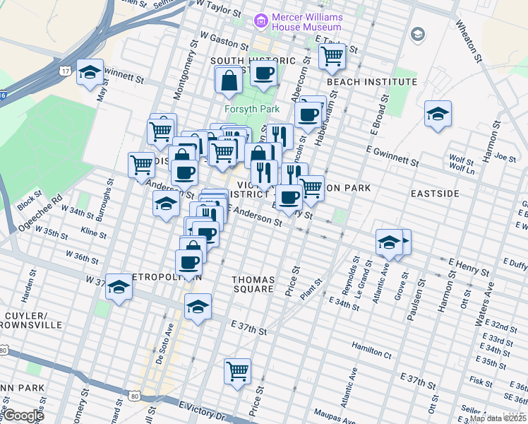 map of restaurants, bars, coffee shops, grocery stores, and more near 119 East Henry Street in Savannah