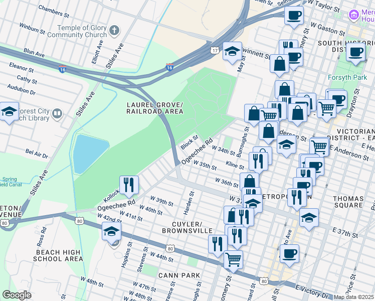 map of restaurants, bars, coffee shops, grocery stores, and more near 1805 Ogeechee Road in Savannah