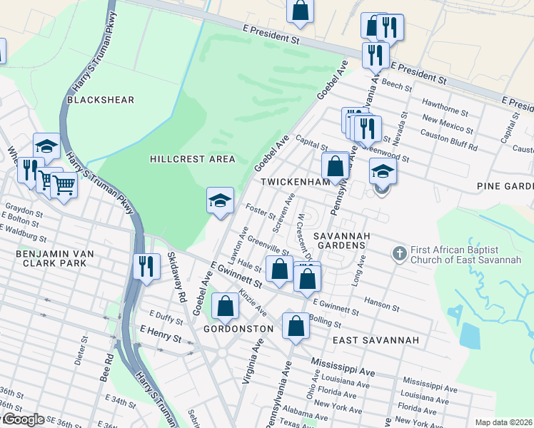 map of restaurants, bars, coffee shops, grocery stores, and more near Forrest Avenue in Savannah