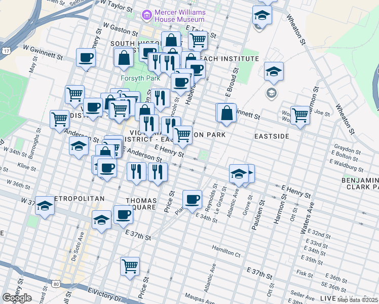 map of restaurants, bars, coffee shops, grocery stores, and more near 508 East Henry Street in Savannah