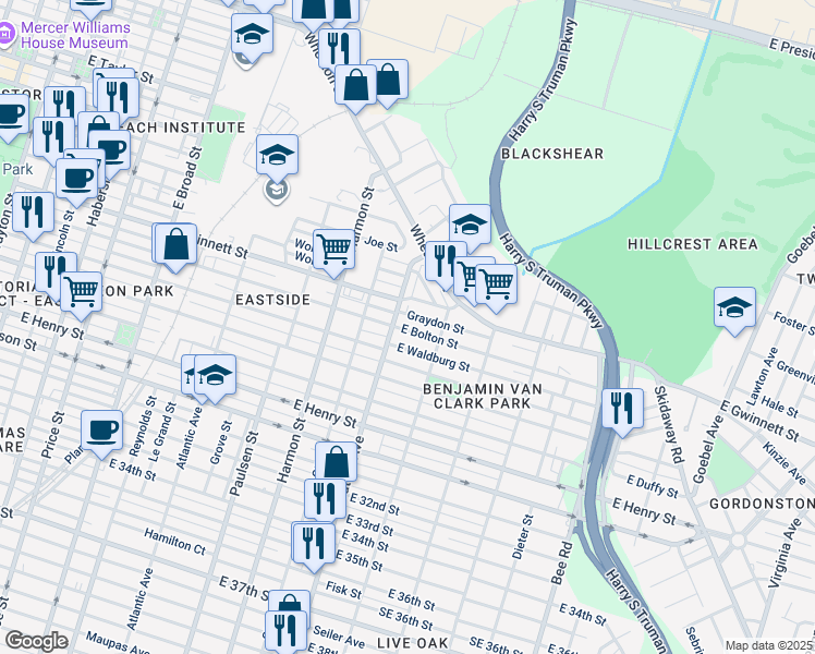 map of restaurants, bars, coffee shops, grocery stores, and more near 1112 East Bolton Street in Savannah