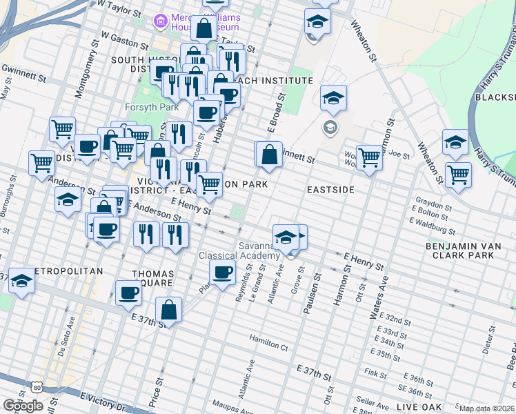map of restaurants, bars, coffee shops, grocery stores, and more near 1114 East Broad Street in Savannah