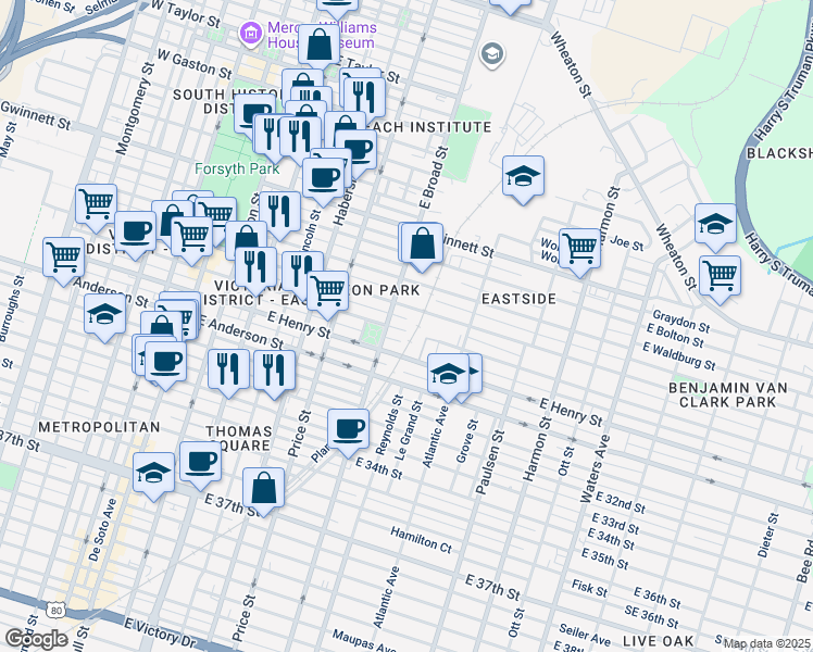 map of restaurants, bars, coffee shops, grocery stores, and more near 618 East Duffy Street in Savannah