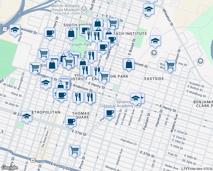 map of restaurants, bars, coffee shops, grocery stores, and more near 405 East Duffy Street in Savannah