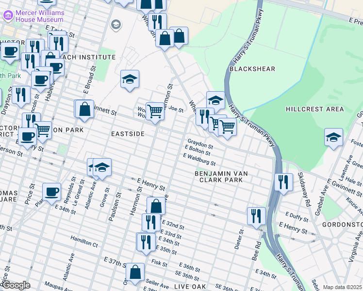 map of restaurants, bars, coffee shops, grocery stores, and more near Waters Ave & E Bolton St in Savannah
