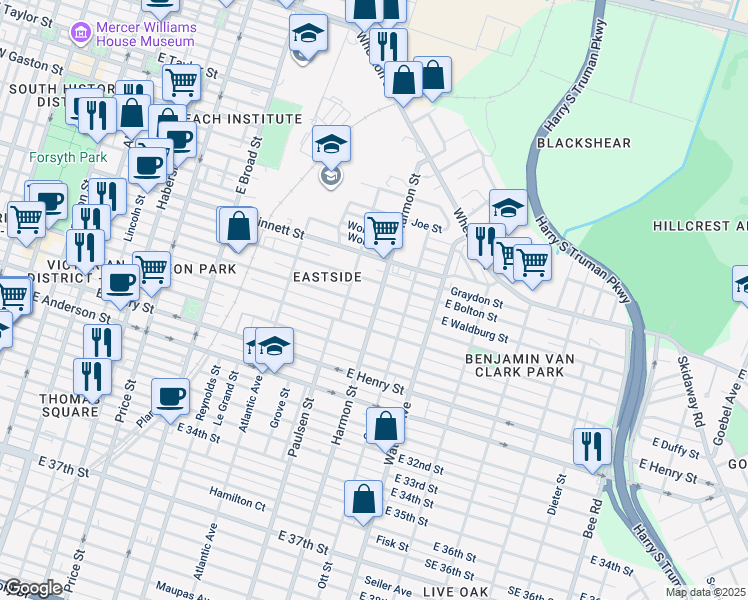 map of restaurants, bars, coffee shops, grocery stores, and more near 909 East Bolton Street in Savannah