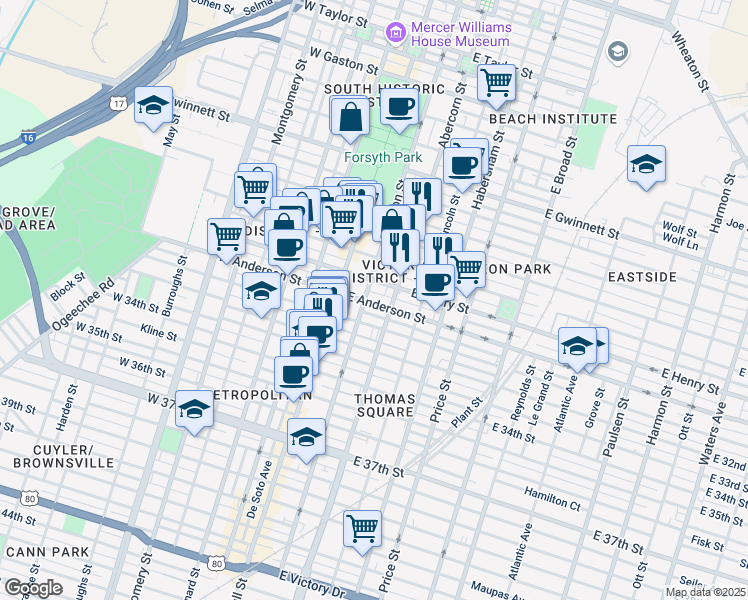 map of restaurants, bars, coffee shops, grocery stores, and more near 119 East Henry Street in Savannah