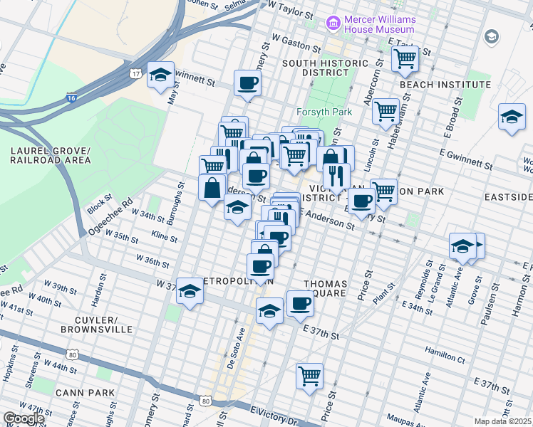 map of restaurants, bars, coffee shops, grocery stores, and more near 1401 Bull Street in Savannah