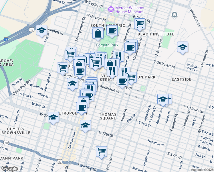 map of restaurants, bars, coffee shops, grocery stores, and more near 119 East Henry Street in Savannah
