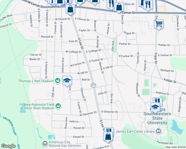 map of restaurants, bars, coffee shops, grocery stores, and more near 123 East Hill Street in Americus