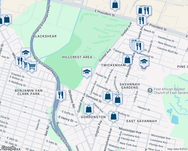 map of restaurants, bars, coffee shops, grocery stores, and more near 404 Goebel Avenue in Savannah