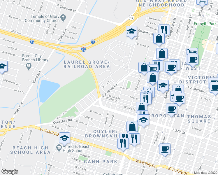 map of restaurants, bars, coffee shops, grocery stores, and more near 1805 Ogeechee Road in Savannah
