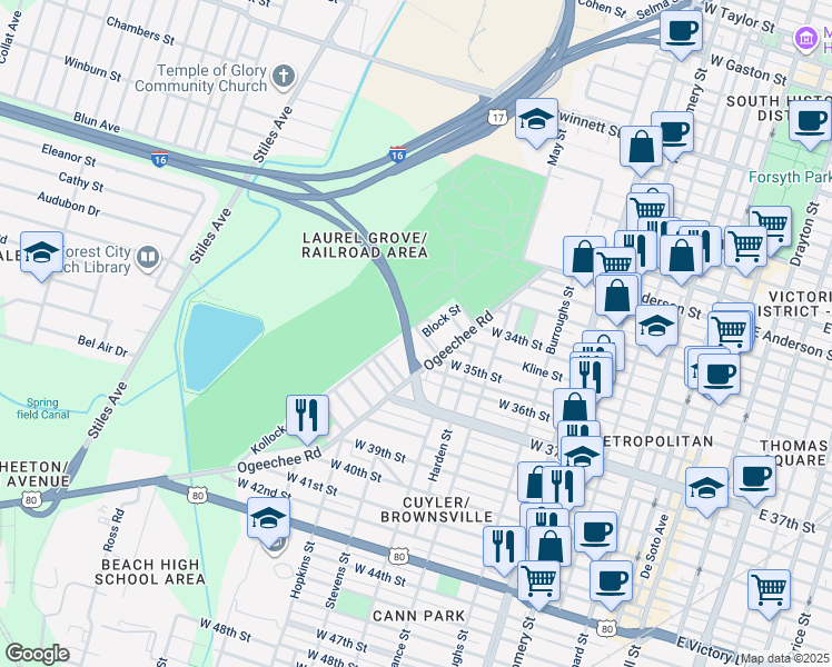 map of restaurants, bars, coffee shops, grocery stores, and more near 1836 Kollock Street in Savannah