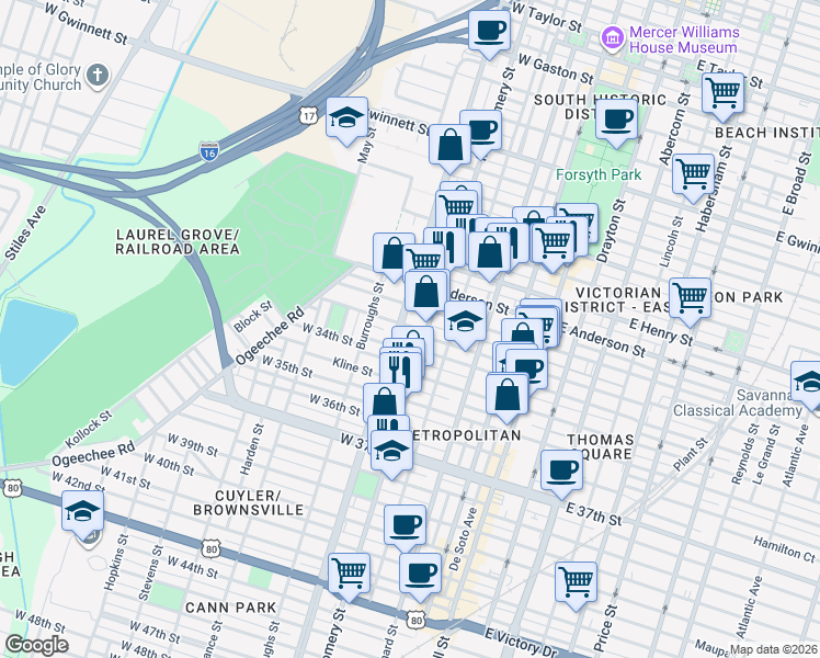map of restaurants, bars, coffee shops, grocery stores, and more near in Savannah