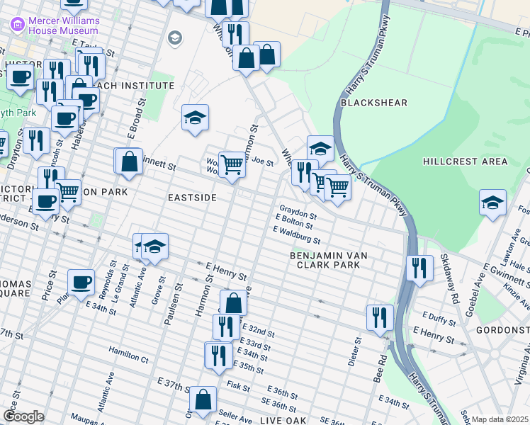 map of restaurants, bars, coffee shops, grocery stores, and more near 1010 East Bolton Street in Savannah